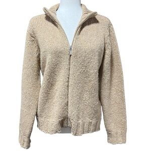 Talbots Wool Silk Blend Zip Chunky Knit Sweater Cardigan Size M Tan Camel Italy